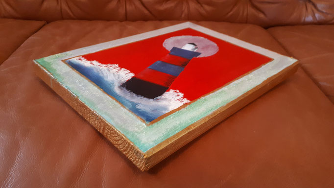 "Rot-blauer Leuchtturm" im Ikonenstil, 26x20 (Ölpastellkreide, Echtrostpatina  und Acrylfarben auf Holz) [VERKAUFT]