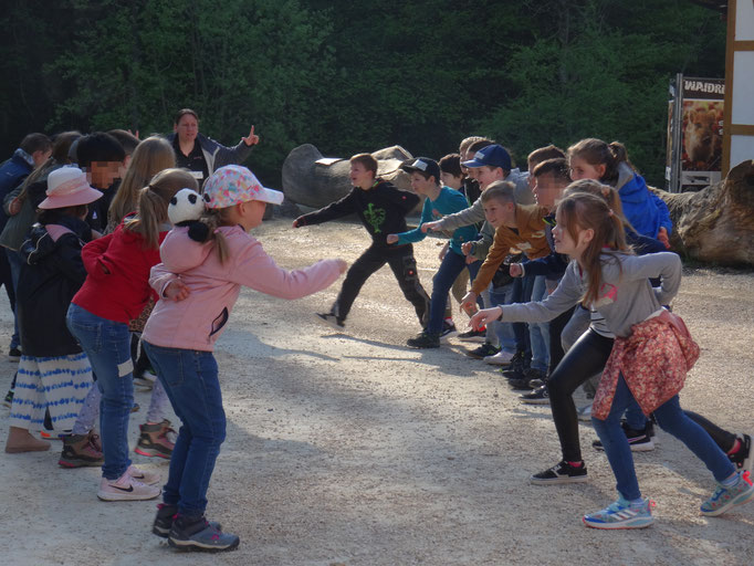 Die Kinder spielen "Alte Dame, Tiger, Kämpfer"