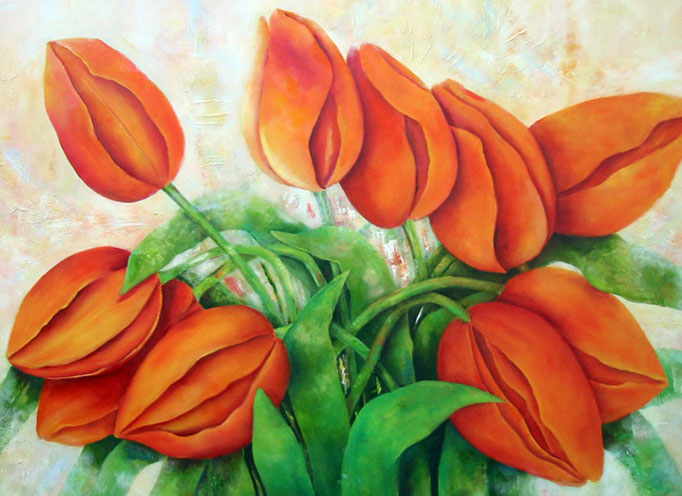 Orange Tulpen | Mixed Media auf Leinwand |  120 x 150 cm | 2023