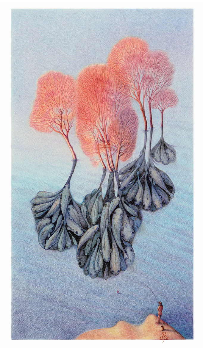 "Poissombres" - Étude au crayon de couleur sur papier blanc 19,6 x 35 cm