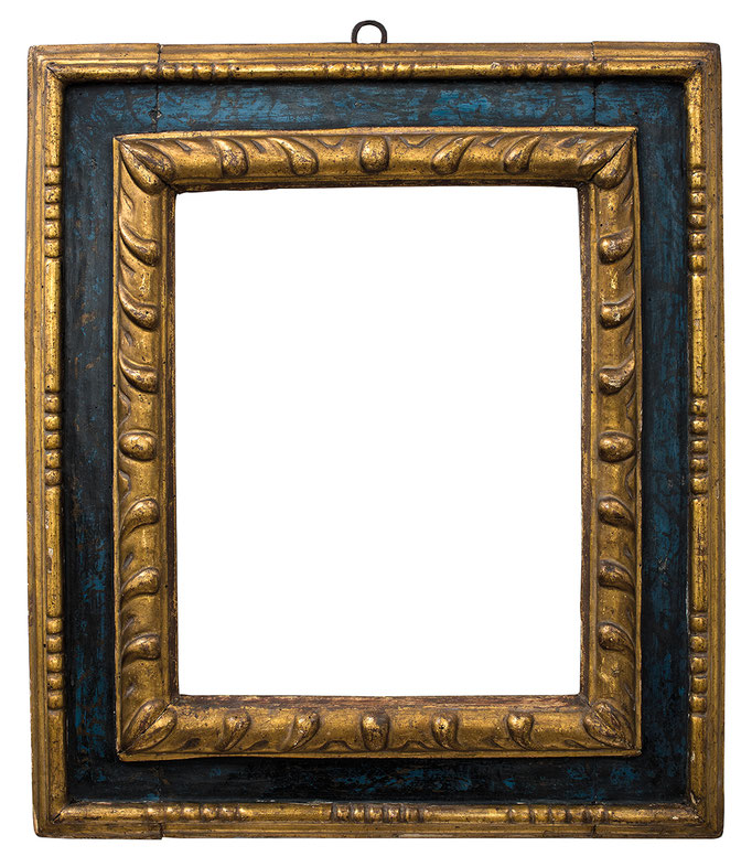 2217  Kassettenrahmen 16./17.Jh., Linde geschnitzt und vergoldet, blau marmorierte  Platte, 37 x 29 x 11,1 cm