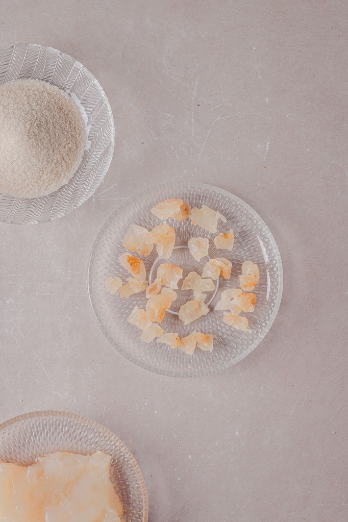 Komponenten für Kombucha-Weingummie: Zucker, Kombucha-Kultur und das fertige Produkt. Reduziertes Food-Stilllife aus dem Fermentations-Kochbuchprojekt mit Edible Alchemy.