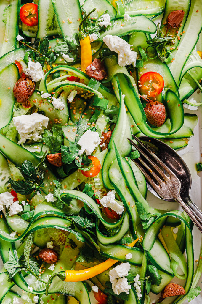 Cucumber White Strawberry Salad. Cooperation with zero waste food company "Roots Radicals". Styling, photos, recipe development.