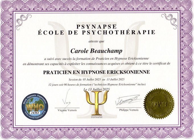 Carole Beauchamp_Certificat de Praticienne en Hypnose Erikcksonienne
