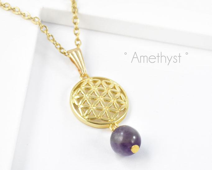 Edelstahlkette mit Blume des Lebens und Amethyst Edelstein