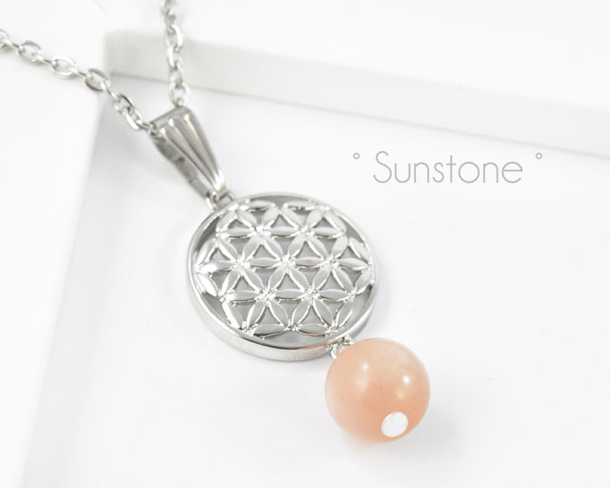 Edelstahlkette mit Blume des Lebens und Sunstone Edelstein