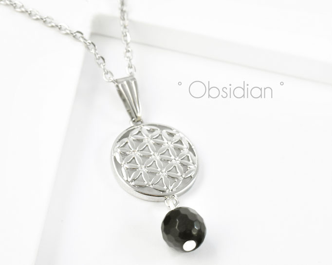 Edelstahlkette mit Blume des Lebens und Obsidian Edelstein