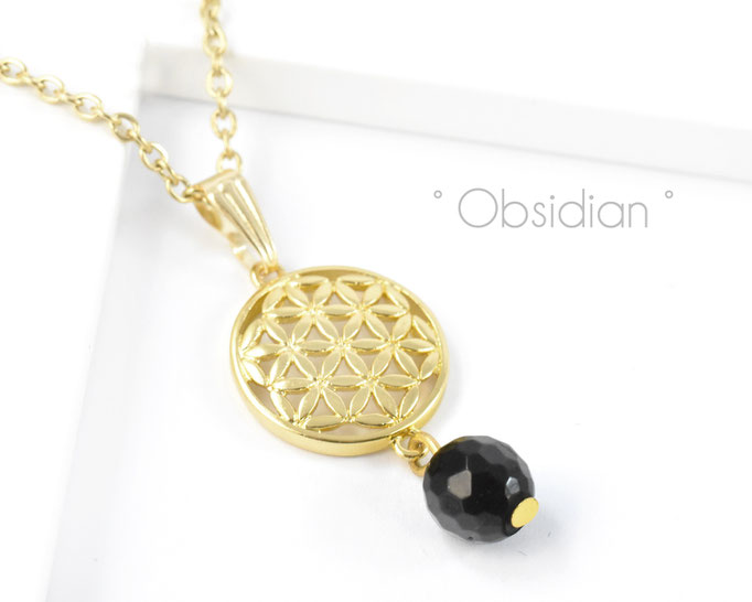 Edelstahlkette mit Blume des Lebens und Obsidian Edelstein