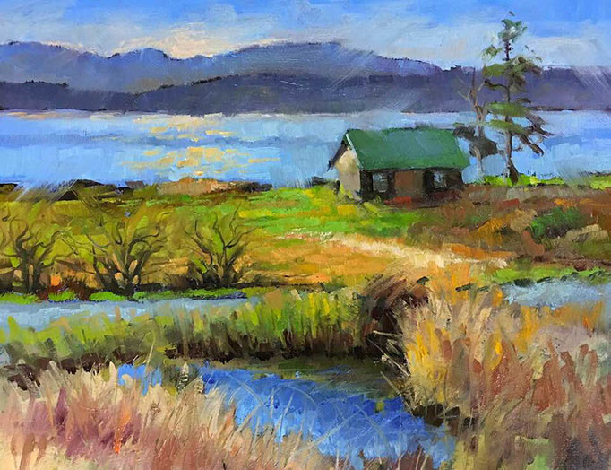 "Twilight Beach Cabin" • Oil on board • 11" x 14"