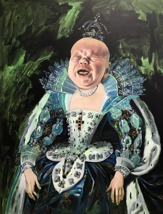 Katharina Karner, Herrscherbild 02 (Oskar als Anna von Österreich nach Peter Paul Rubens), Öl, Acryl auf Leinwand, 180 x 140 cm, 2020