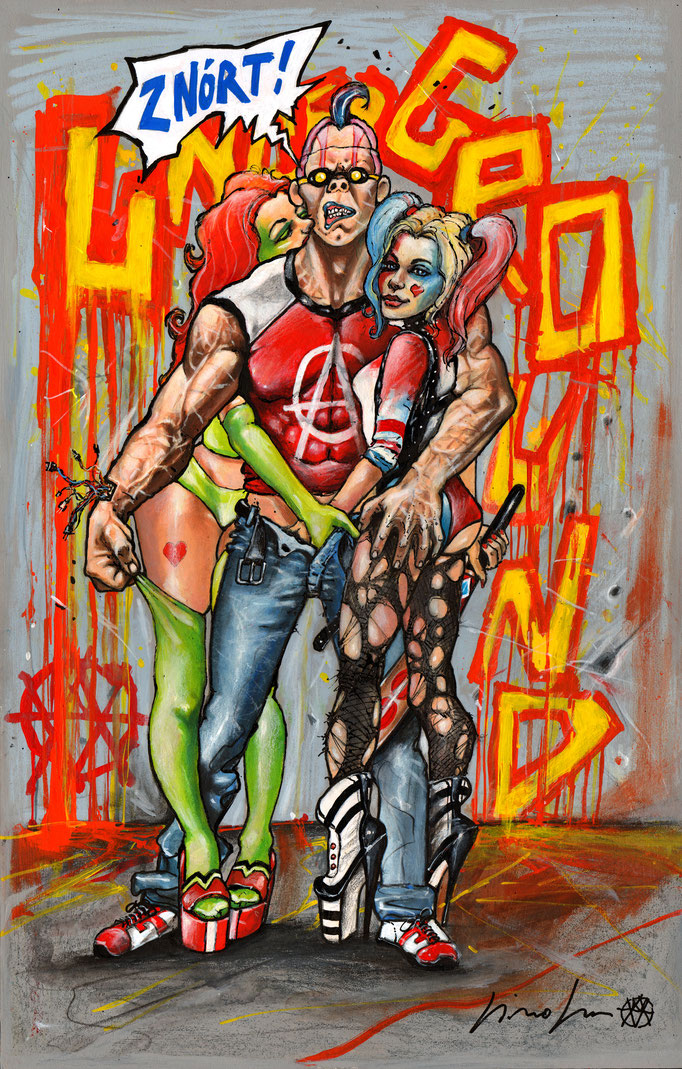 Ranx avec Harley Quinn et Poison Ivy, acrlyque, l'huile, crayons gras, encre de chine, sur papier cartonée, dimension 57cmx36,5cm
