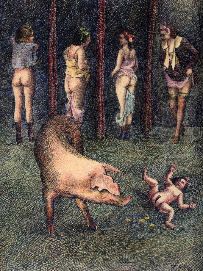 Roland Topor: *Perles aux cochons (Perlen vor die Säue)*, 1974, Farbige Zeichnung, Mischtechnik, 30,7 x 24 cm