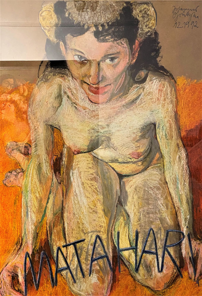 Johannes Grützke: *Mata Hari*, 1.2.1992, Pastell/Papier, 118 x 84 cm (hinter Glas)