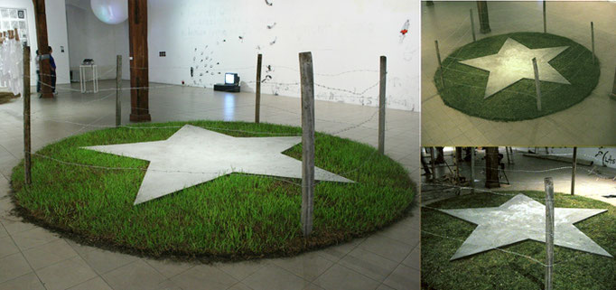 For Sale-ism, 2006. Grass, cement and poles. Variable dimensions