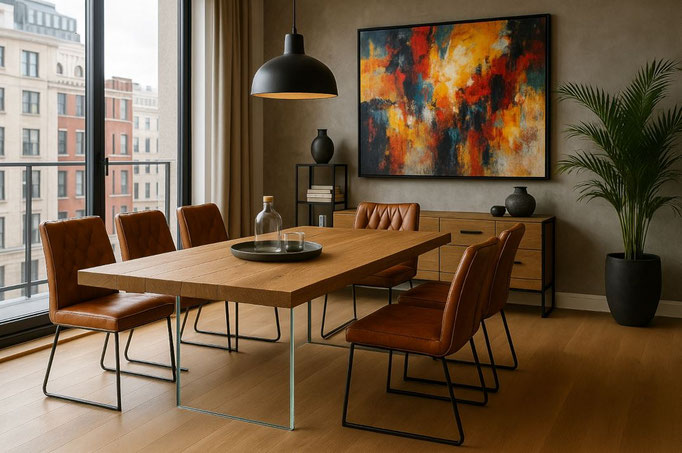 Moderner Esstisch aus massiver Eiche mit Glaswangen und cognacfarbenen Lederstühlen im hellen Loft