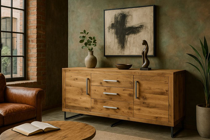 Sideboard aus massiver Eiche mit Metallgestell im modernen Loftdesign