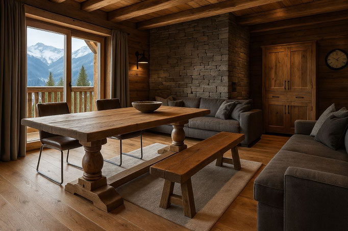 Massiver Klostertisch aus antiker Eiche mit Bank im rustikalen Chaletambiente und Bergblick