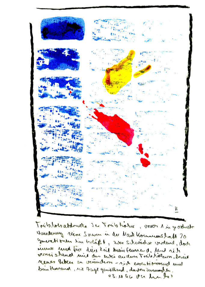 "Treibholzabdrucke II", Werkverzeichnis 1.030, datiert 03.10.1996, Kohle und farbige Treibholzabdrucke auf Aquarellpappe. Maße 21,0 cm * 29,7 cm