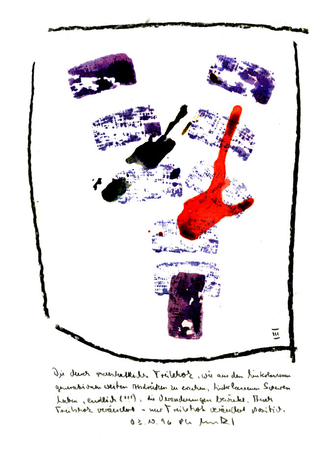 "Treibholzabdrucke III", Werkverzeichnis 1.031, datiert 03.10.1996, Kohle und farbige Treibholzabdrucke auf Aquarellpappe. Maße 21,0 cm * 29,7 cm