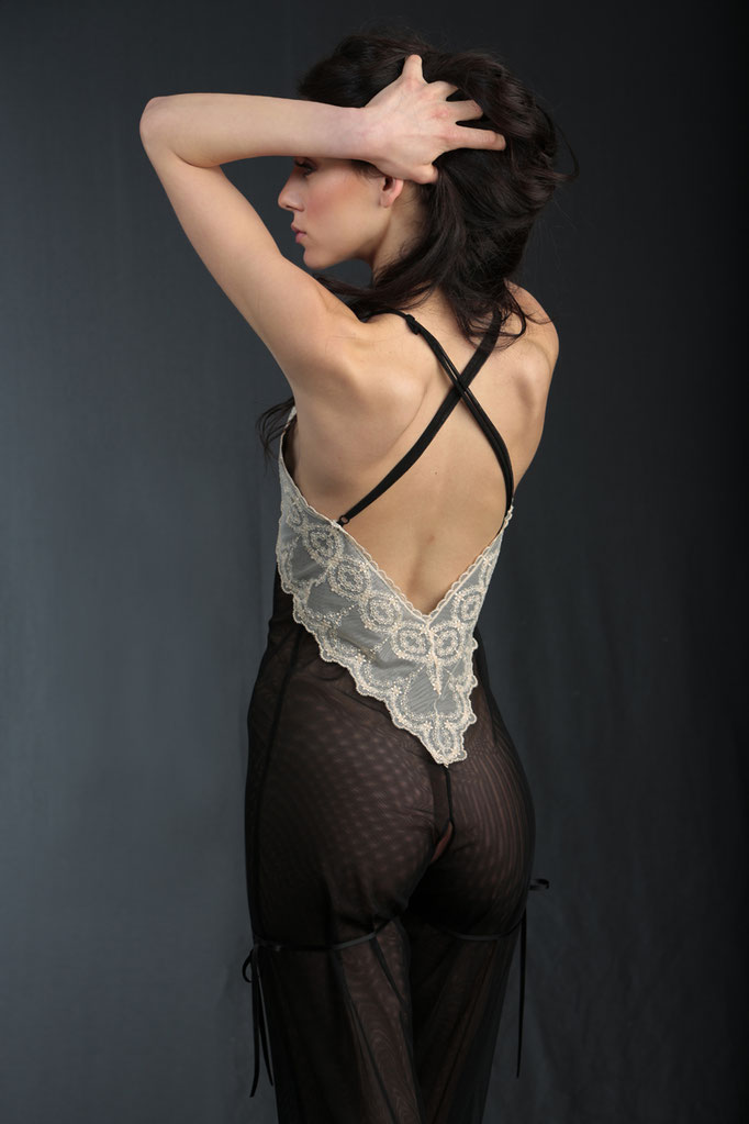 Katrina new romantic bohemiem black and nude haute couture lingerie jumpsuit