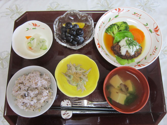 2025.08.21㊍【フェアーメニュー】雑穀ご飯、おろしハンバーグ、ごぼうサラダ、