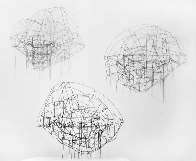 Ein Modell & zwei Cutouts, Ansicht Modell; Balsaholz mit Kontrastmittel und Tusche 50 x 50 x 52 cm / Cutouts; Print auf Transparentpapier, je 80 x 80 cm, 2024