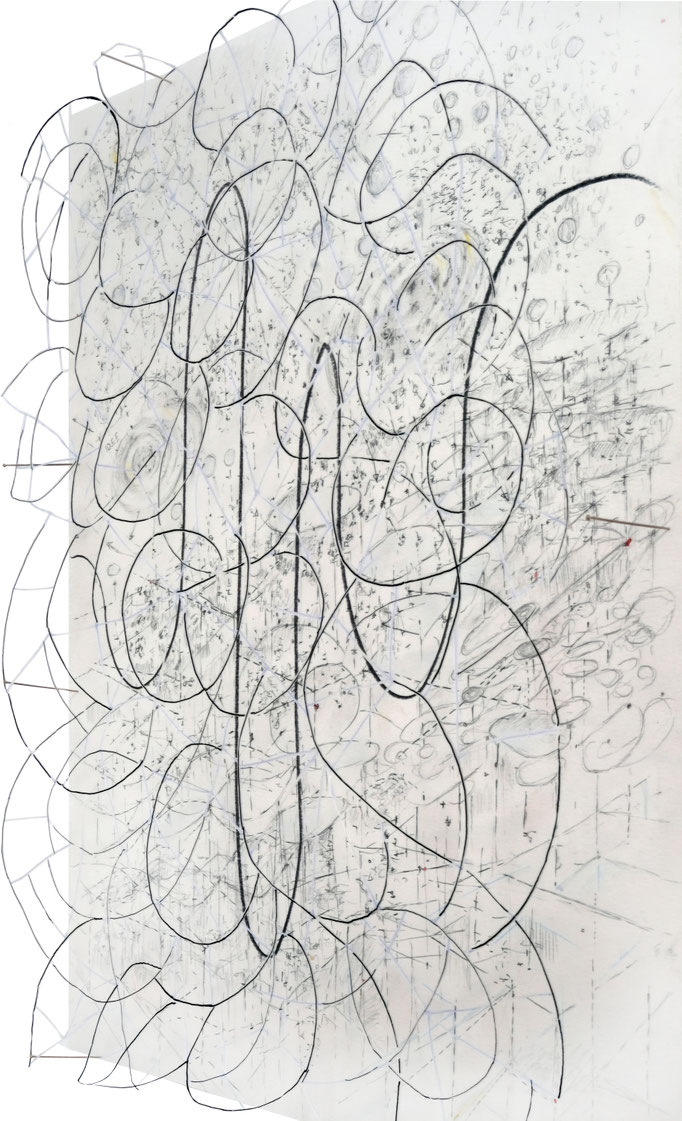 Overtone Production ( Space), Bleistift, Tusche und Aquarell auf Papier, mit Cutout; Tusche auf Transparentpapier, 40 x 30 cm, 2024
