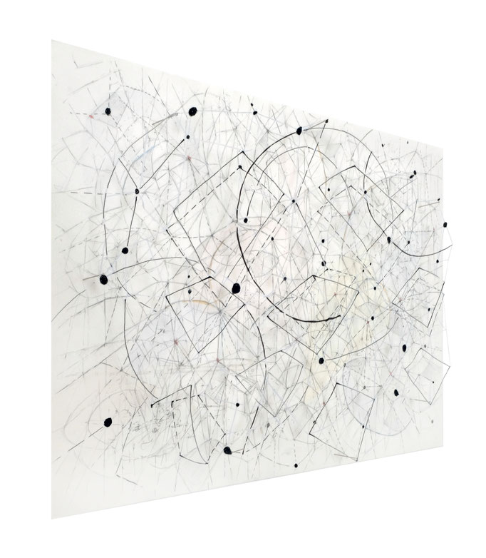 Konstellation II B Bleistift, Tusche und Aquarell auf Papier, mit Cutout; ,Tusche auf Transparentpapier, 30 x 40 cm, 2025