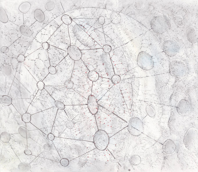 Swarms of Particles and Birds  Bleistift, Tusche und Aquarell auf Papier, 30 x 34 cm, 2023 