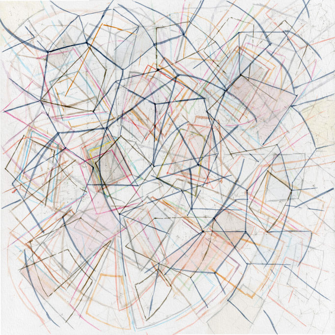Layered Spaces XVII, Aquarell auf Papier mit Cutout; Tusche auf Transparentpapier, 78 x 78 cm, 2024