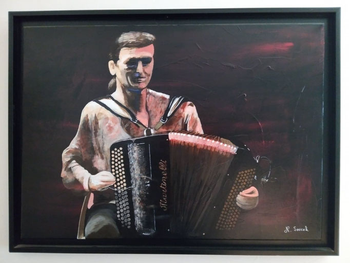 L'accordéoniste, acrylique sur toile, encadré, ancien prix 250, nouveau prix 150 euros, avec dédicace de François Castiello, du groupe Bratsch MP30