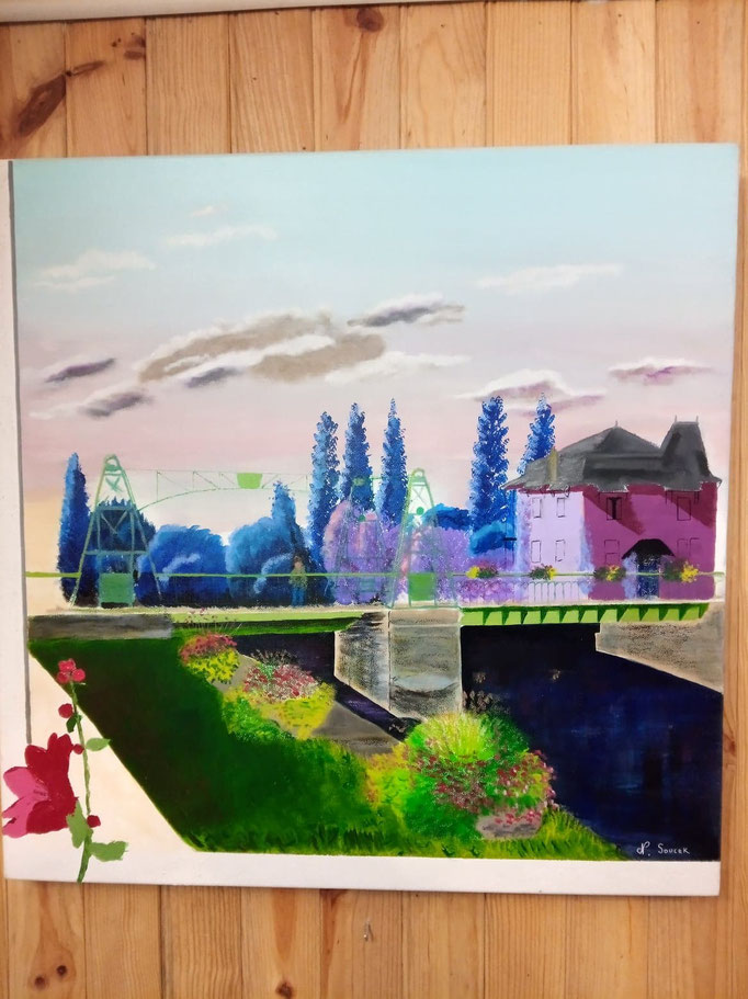 Le pont de Magné, technique mixte, acrylique et pastel à l'huile, ancien prix 80, nouveau prix 60 euros MP30