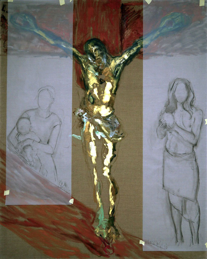 Crucifix breton, 1995-2024, travail en cours, fusain sur calque et huile sur toile, 200 x 160 cm.