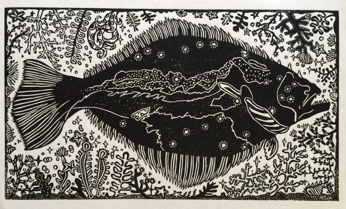 ひらめ 　Linocut　2014
