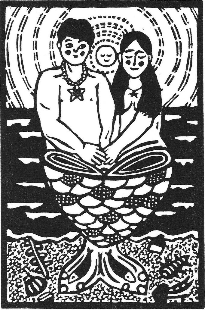 海辺の兄妹 　Linocut　2016