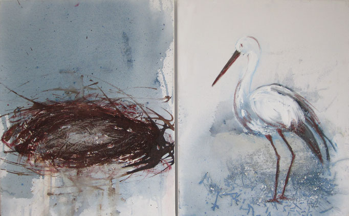 Storch und Nest - Acryl auf Leinwand - 2 x 40 x 50 cm - 2-teilig