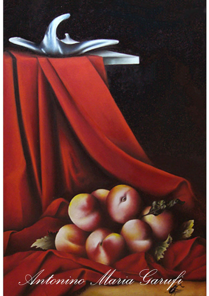 "Natura morta su drappo rosso con scarabeo" Olio su Tela cm. 90 x 60