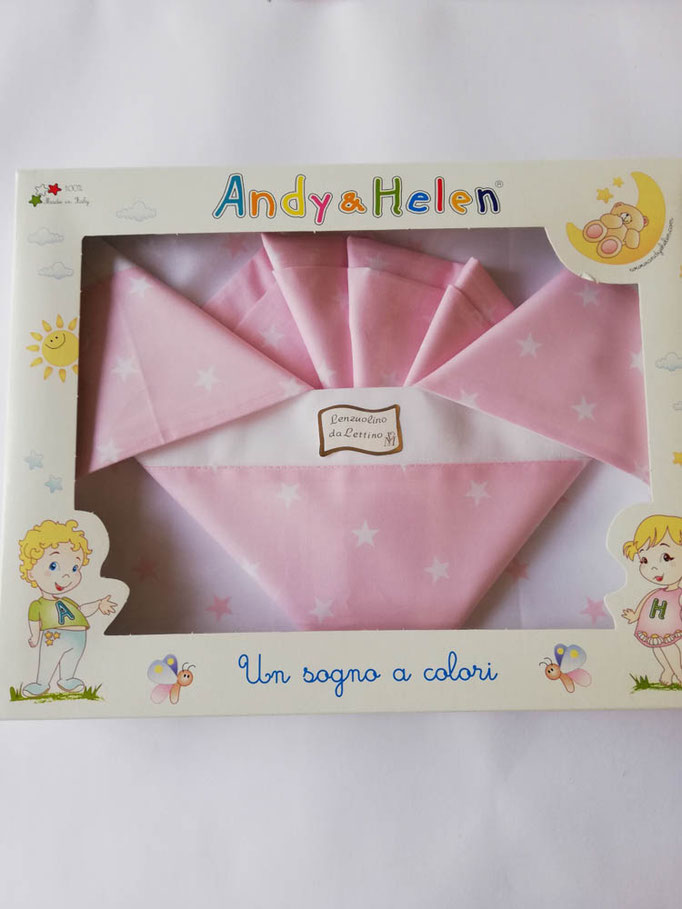 Completo lenzuola lettino con disegno stelle stampato Andy e Helen. Col.Rosa. C021