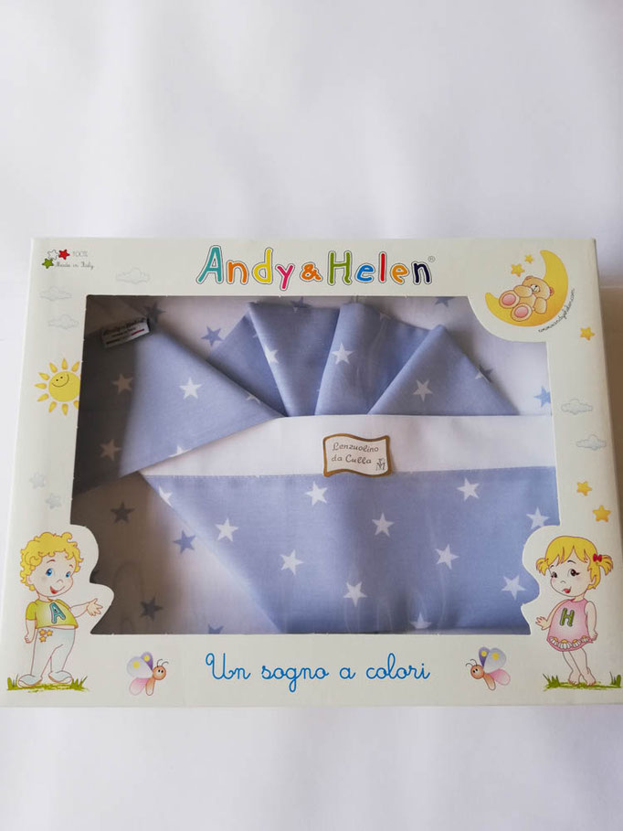 Completo lenzuola Andy e Helen carrozzina/culla (passeggino) con disegno stelle stampato 100% cotone. Col.Celeste. C050