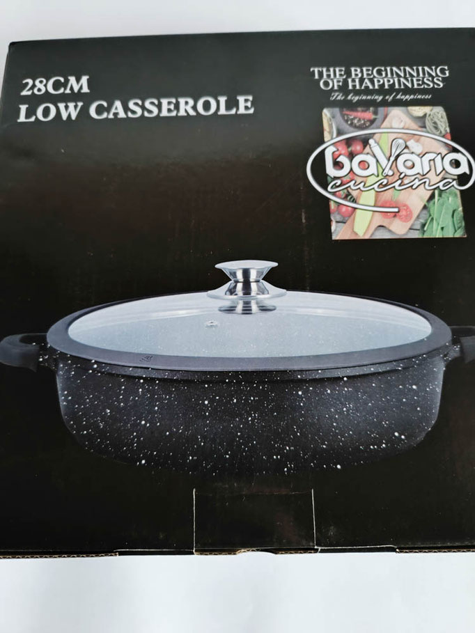 Casseruola 28 cm con coperchio basso antiaderente in pietra lavica della Bavaria con manici in silicone. B042