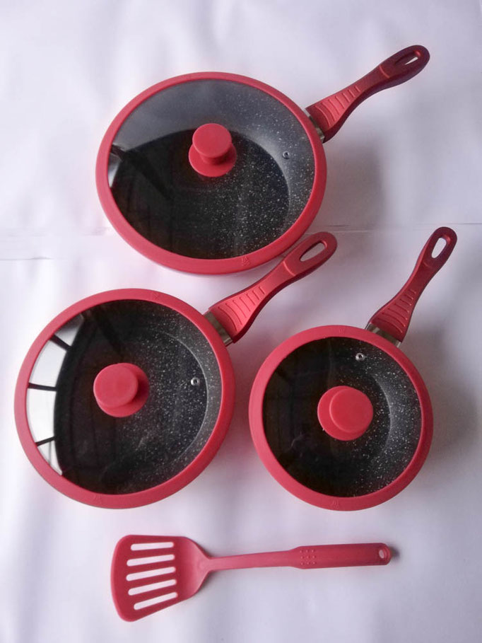 Set padelle antiaderente con pietra lavica e con coperchio più spatola. Col.Rosso. B740