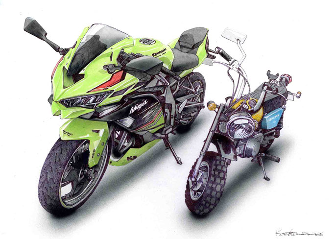2台のカワサキバイクの手描きイラスト