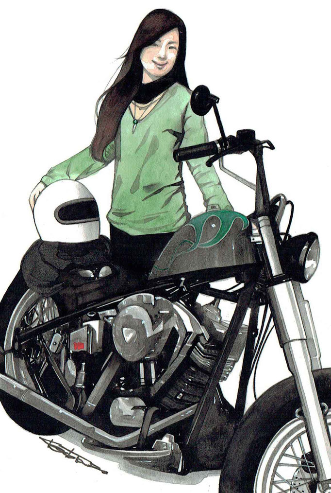 バイクと女性のイラスト