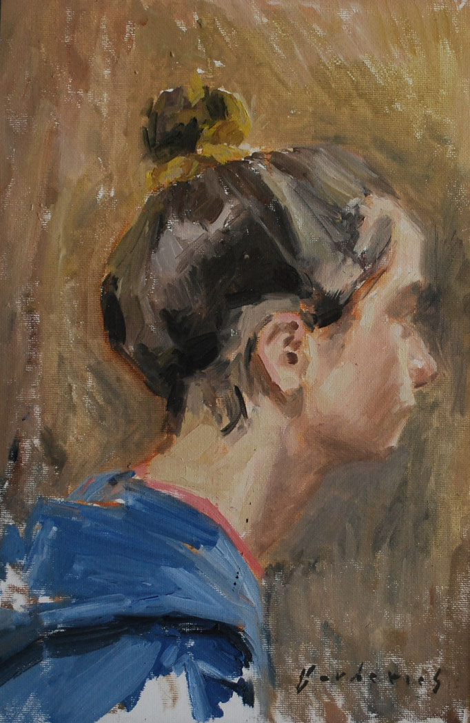 Portrait de Mademoiselle A étude, By Nicolas Borderies, oil on board, 35 x 24 cm, 2014. 3H Allaprima from life.