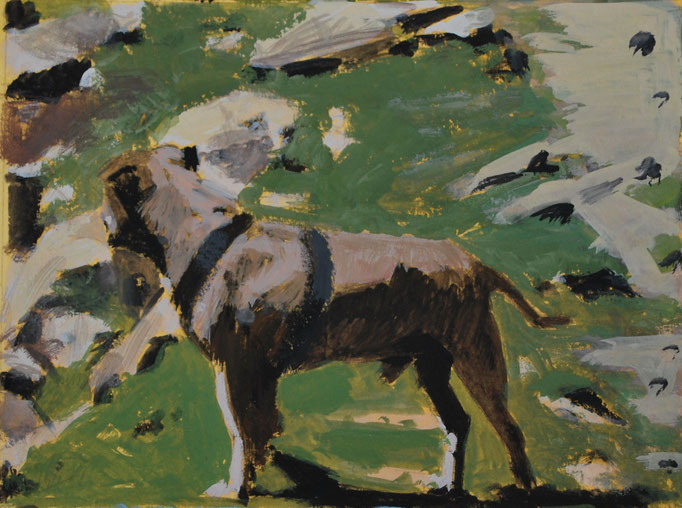 Staff Américain au lac de Soulcem 7. By Nicolas Borderies, gouache on paper, 10 x 15 cm, 2021.