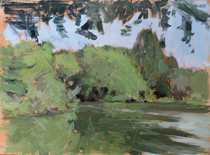 Lac de Bignac, oil sketch, 15 x 20 cm, 2023. Outdoor allaprima. By Nicolas Borderies.