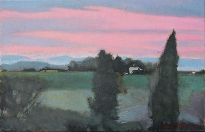 Paysage dans le Gers au levé du jour. By Nicolas Borderies, oil on canvas, 27 x 41 cm, 2021.