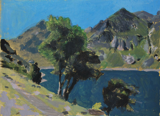 Lac de Soulcem 7. By Nicolas Borderies, gouache on paper, 10 x 15 cm, 2021.