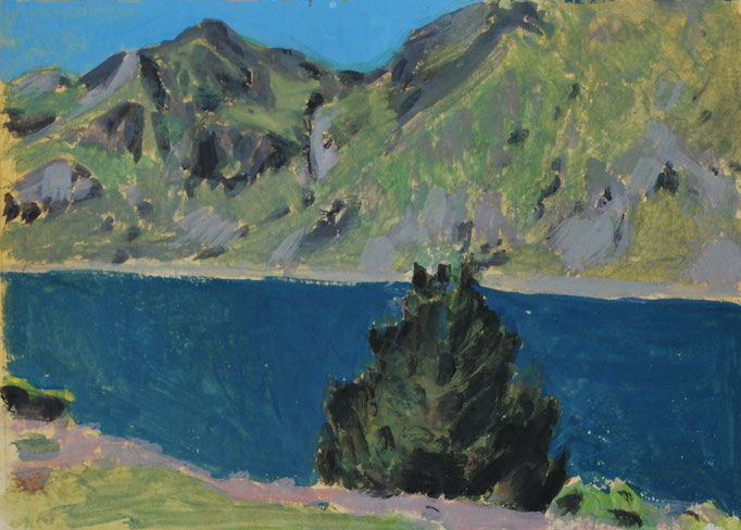 Lac de Soulcem 8. By Nicolas Borderies, gouache on paper, 10 x 15 cm, 2021.
