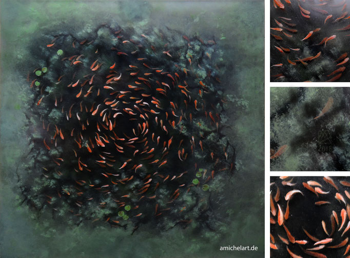 Der Schwarm - 2018, 50 x 50 cm, Acryl auf übereinander geschichteten Acrylglasplatten; Ansicht mit Details